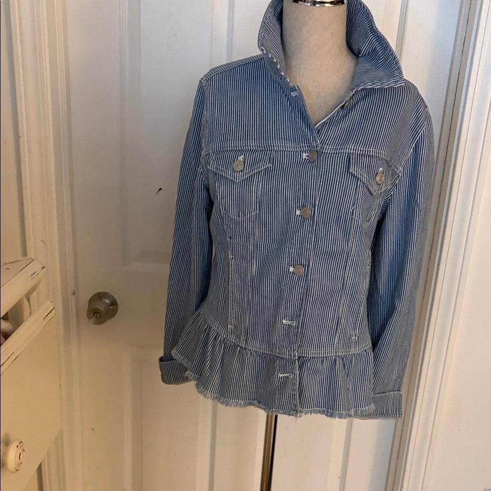 Chico's Blue Pinstripe Jean Jacket